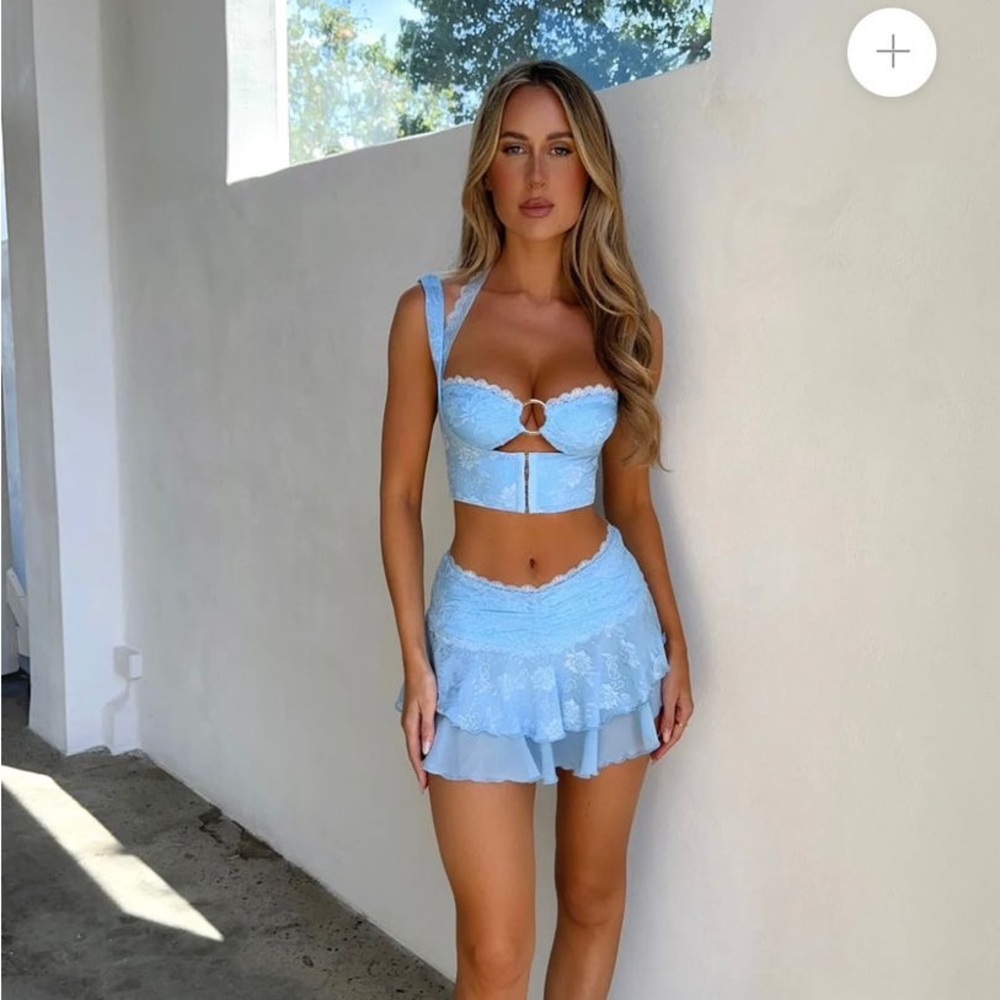 Light Blue Lace Circle Skater Mini Skirt - Unbranded